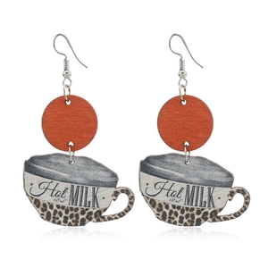 Cow print coffee cup wood earrings with orange circular stud and silver metal hooks