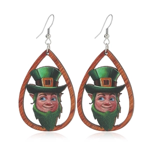 St. Patrick's Day teardrop wooden earrings featuring cute leprechaun in green hat