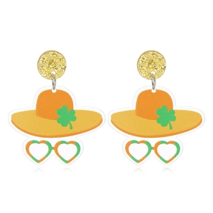 Detailed view of St. Patrick's Day acrylic earrings with shamrocks and gold glitter studs