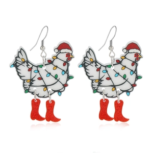 Orecchini natalizi a gallo in acrilico con cappello rosso, luci e stivaletti glitter
