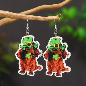 St. Patrick's Day dachshund wooden drop earrings featuring green clover and leprechaun hat