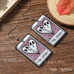 Detail showing acrylic tarot card earrings with THE LOVERS ghost print and size dimensions