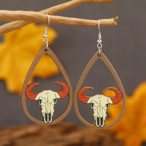 Bohemian teardrop wooden earrings with red-horned bull skull pattern and silver hooks