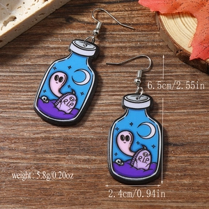 Macro detail of acrylic potion bottle earrings showing size and RIP tombstone design