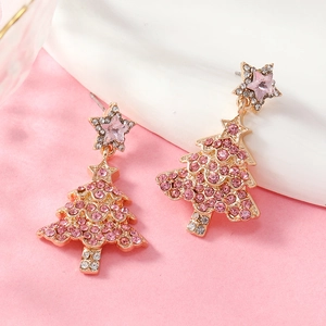 Orecchini a forma di albero di Natale in oro con lussuosi strass rosa scintillanti