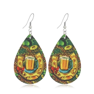 St. Patrick's Day wooden teardrop earrings with golden horseshoe and beer mug design