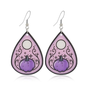 Gothic teardrop earrings featuring purple pumpkin patterns for Halloween style