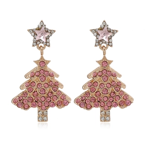 Orecchini lussuosi a forma di albero di Natale con strass rosa e bianchi su base oro