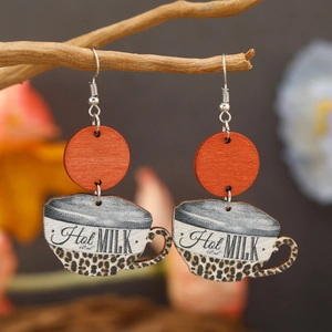 Creative wooden coffee cup earrings featuring Hot Milk design and orange round studs
