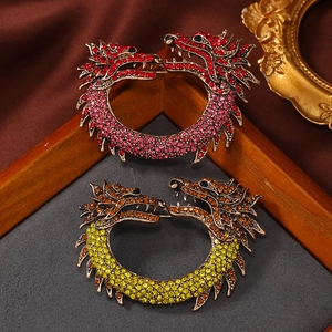 Vintage Chinese Style Zodiac Dragon Brooch Alloy Rhinestone Inlaid Double Head Dragon Circular Pin Women Fashion Jewelry Gift