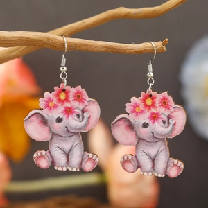 Cute pink elephant wooden drop earrings with flower crown design for women and girls