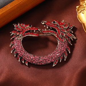 Exquisite double dragon ring brooch with red and pink crystals on antique gold base