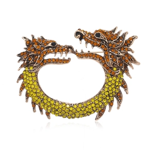 Vintage Chinese dragon brooch in antique bronze with yellow and orange crystals