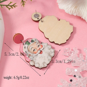 Detailed view of printed wooden Santa Claus earrings with precise size and weight specs
