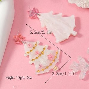 Pink and white glitter Christmas tree earrings with star charm and size measurements