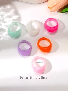 Detail shot of colorful resin rings showing 1.8cm diameter and smooth acrylic finish