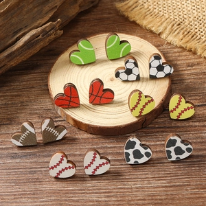 Heart Shaped Wooden Stud Earrings For Women Stainless Steel Post Sports Football Basketball Volleyball Cow Print Jewelry