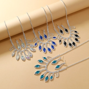 Elegant crystal bridal jewelry set featuring a necklace and drop earrings in four colors