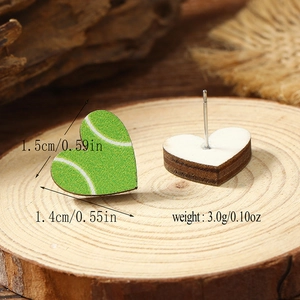 Macro detail of heart-shaped tennis wood stud earrings with green texture and size labels