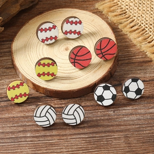 Sporty Round Wood Stud Earrings For Men Women Soccer Basketball Baseball Volleyball Patterns Lightweight Wooden Jewelry Accessory