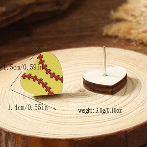 Detail view of heart-shaped baseball wooden studs showing 1.5cm x 1.4cm dimensions