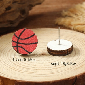 Detailed view of basketball wooden stud earrings showing size 1.5cm and weight 3.0g