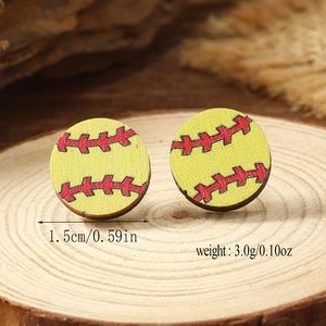 Detail view of 1.5cm softball wooden stud earrings showing dimensions and weight
