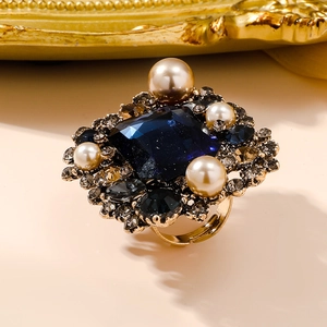 Vintage French court style ring with deep blue crystal, pearls and gold adjustable band