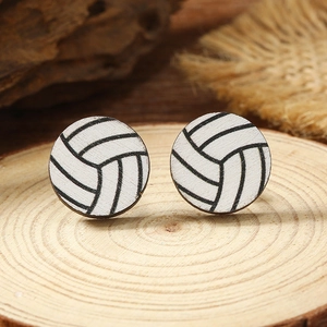 Minimalist round volleyball pattern wooden stud earrings in a pair with natural wood texture