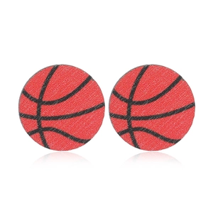 Minimalist round wooden basketball stud earrings with textured orange finish for sports lovers