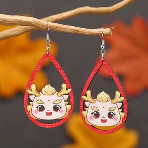 Traditional Chinese dragon wooden drop earrings with tassels and red teardrop frame