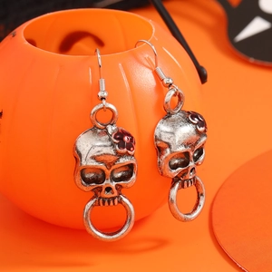 Halloween Gothic Schedel Bloem Hangende Oorbellen Voor Mannen Vrouwen Antiek Zilver Legering Punk Hip Hop Street Party Sieraden