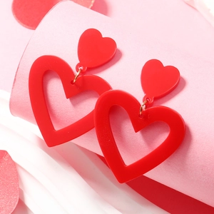 Fashionable red acrylic heart drop earrings with double heart design for romantic parties