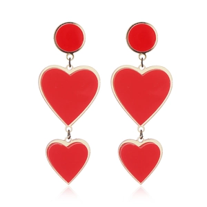 Elegant triple-tiered heart drop earrings with gold alloy edges and red enamel finish