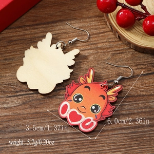 Detailed size chart for dragon wooden drop earrings with length and width dimensions