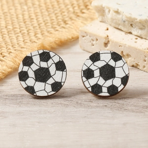Classic black and white soccer pattern round wooden stud earrings for sports lovers