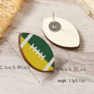 Detailed macro view showing dimensions of multicolored wooden rugby ball stud earrings