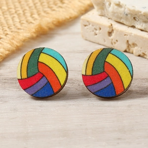 Eco-friendly wooden volleyball stud earrings with colorful geometric拼接 pattern design