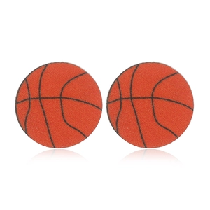 Minimalist round orange basketball wood stud earrings for sports lovers on white background