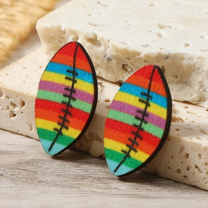 Colorful rainbow striped wooden rugby ball earrings for sports fans and fashion