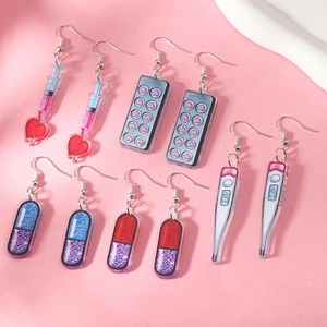 Creative Medical Theme Acrylic Dangle Earrings Syringe Capsule Pill Thermometer Pattern Quirky Earrings Jewelry For Women