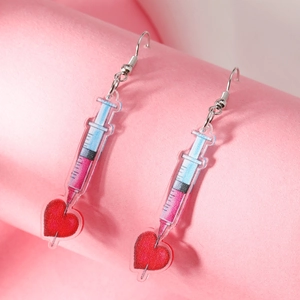Quirky syringe acrylic drop earrings with pink gradient liquid and red heart charms