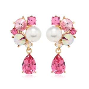 Exquisite gold floral earrings with pink crystals and round white pearls in a cluster design