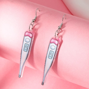 Pink acrylic medical thermometer shaped drop earrings for women with silver metal hooks