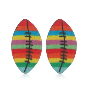 Rainbow striped wooden rugby earrings with black stitching detail for sport fans