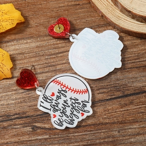 Detail of baseball helmet acrylic earring with I'll always be your biggest fan text