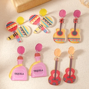 Mexico Cinco De Mayo Acrylic Guitar Maracas Tequila Bottle Drop Earrings Colorful Folk Pattern Personalized Jewelry For Women