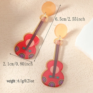 Detailed size view of red acrylic guitar earrings measuring 6.5cm long and 2.1cm wide