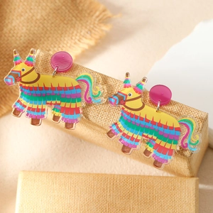 Kleurrijke Mexicaanse Pinata ezel oorbellen van acryl met vrolijke regenboogstrepen