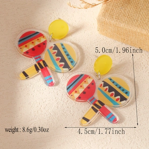 Detail view of colorful acrylic Maracas earrings with size and weight specifications
